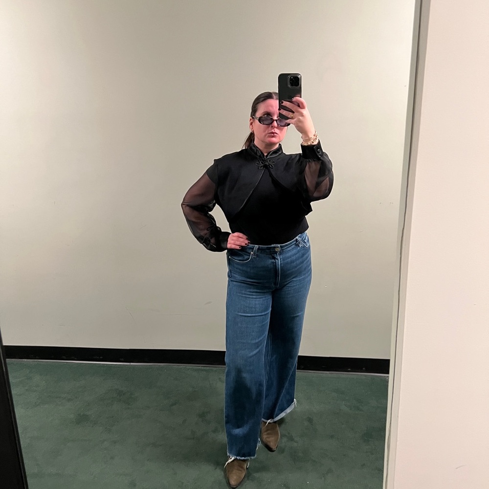 Elegant Black Sheer Sleeve Crop Top with dainty neck closure